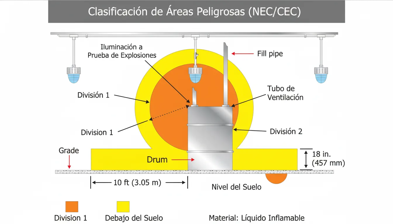 Esquema visual de clasificación de Clase/División en atmósferas explosivas según NEC