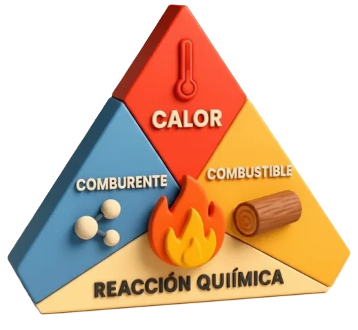 Tetraedro del Fuego mostrando los cuatro elementos: combustible, oxígeno, calor y reacción química